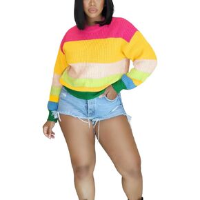 PINSV Women's Color Block Knit Sweaters Casual Crewneck Long Sleeve Loose Fit Pullover Sweater Tops Pink Yellow Striped L