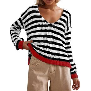 Women's Oversized Striped Sweater Casual V Neck Long Sleeve Color Block Pullover Fall Knit Loose Top