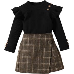 Fernvia Toddler Girl Fall Winter Clothes Ruffles Long Sleeve Shirt and Plaid Shorts Skirt Kids Little Girl 2Pcs Outfits Set