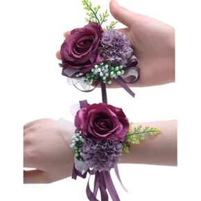 2PCS Rose Flower Wrist Corsage Boutonniere Set,Boutonniere for Men Wedding White Rose Corsage Wristlet for Women Bride Bridesmaid Wrist Corsagefor Wedding Party Prom Decorations (deep Purple)