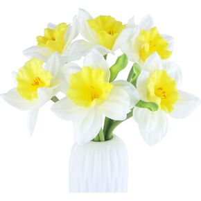 6 Pcs Artificial Daffodils Flowers Spring Silk Daffodils Artificial Flowers White Narcissus Flowers Fake Silk Flower Arrangement for Home Wedding Decor Indoor Outdoor