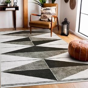 Moroccan Washable Rugs 5x7, Geometric Soft 5x7 Area Rugs for Living Room Ultra-Thin Farmhouse Office Rug Non Slip, Modern Black Rug Carpet for Bedroom Dining Room(5'x 7',Black/Grey)