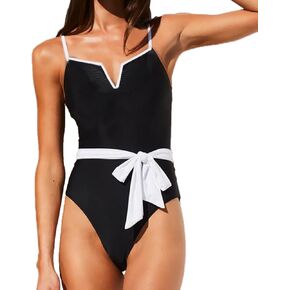 Women' s V- Wired Swimsuits One Piece V Neck Bikini Belted Strap Tie Monokini High Cut Bathing Suits Color Block