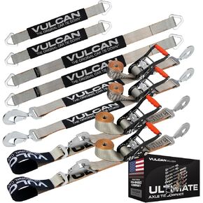 VULCAN Ultimate Axle Tie Down Kit - Silver Series - Includes (2) 22 Inch Axle Straps, (2) 36 Inch Axle Straps, (2) 96 Inch Snap Hook Ratchet Straps, and (2) 112 Inch Axle Tie Down Combination Straps