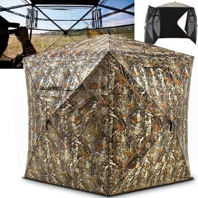 Hunting Blind with Double Doors, Ground Blind See Through with Wear-Resistant Surface, Portable 2-3 Person, 270 Degree Pop-up Hunting Blind, Camouflage Hunting Blind for Deer & Turkey Hunting