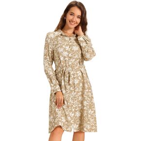 Allegra K Floral Button Down Dress for Women's Collar Long Sleeve Tie Belted Shirt Dresses
