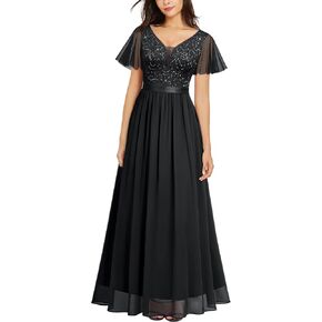 Miusol Women's Elegant Deep-V Neck Ruffle Tulle Sleeve Sequin Lace Formal Maxi Dress
