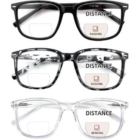 3 Pack Bifocal Reading Glasses for Women Men, PC Rectangle Bi-focal Readers with Spring Hinge Far & Near Vision 1.75