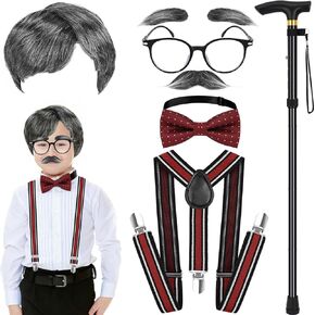Old Man Costume Kit Include Grandpa Grey Wig Beard Eyebrows Glasses Bow Tie Suspenders Cane for 100 Day of School Dress Up