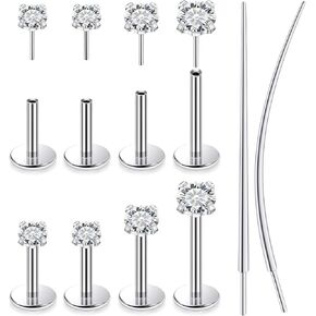 20G 18G 16G Threadless Push in Nose Studs CZ Nose Ring Flat Back Stud Earrings 316L Surgical Steel Tragus Helix Cartilage Earrings Lip Piercing Jewelry For Women Men Gold Silver