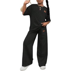 Floerns Girl's 2 Piece Outfits Letter Patched Short Sleeve Dropped Shoulder Shirts & Pleated Straight Leg Sweatpants Sets