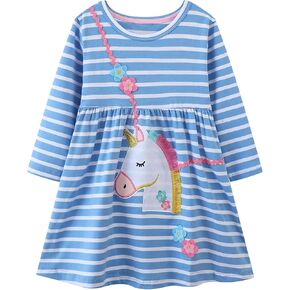 Hongshilian Girls Cartoon Dress Applique Party Dresses Casual Jersey Cotton Long-Sleeved