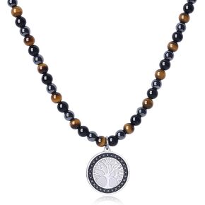 GAVU Triple Protection Beaded Necklace, Men's Life Tree Beaded Necklace, Hematite Tiger Eye Obsidian Necklace
