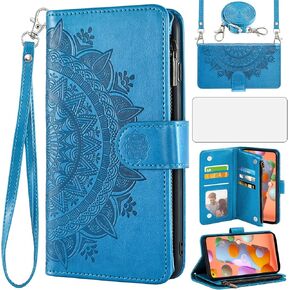 Asuwish Phone Case for Samsung Galaxy A11/M11 Wallet Cell Cover with Screen Protector Lanyard Wrist Strap Mandala Flower Flip Zipper Card Holder Slot Stand A 11 11A Women Girls Tempered Glass Gray