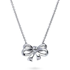 BERRICLE Sterling Silver Bow Tie Ribbon Fashion Pendant Necklace for Women, Rhodium Plated 16 inch