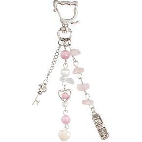 Kawaii Cat Keychain Preppy Pink Crystal Bead Charm Keychain Cute Bag Backpack Accessories Y2K Aesthetic Birthday Christmas Back to School Jewelry Gifts for Women