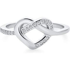 Romantic Two Tone Pave CZ Accent Cubic Zirconia Crossover Intertwined Infinity& Heart Promise Ring For Women Rose Gold Plated .925 Sterling Silver