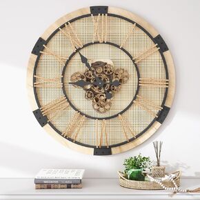 27 Inch Large Wall Clock with Real Moving Gears, Oversized Nature Rattan Gear Clocks with Vintage Roman Numeral, Rustic Giant Farmhouse Wooden Walls Clocks for Living Room, Kitchen and Bedroom Decor in Saudi Arabia