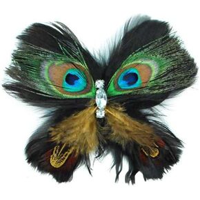 Expo International Peacock Feather Butterfly Brooch Pin Crystal Gems Hair Accessory, Multi Colors