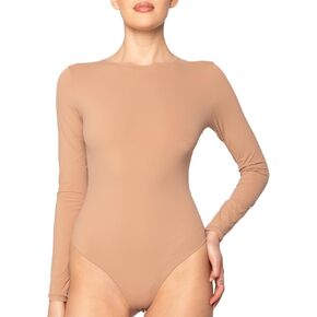 Long Sleeve Bodysuit, Comfortable & Versatile Tummy Control Shirts for Women - High Crew Neck Brief Back Tee-Style Body Suit