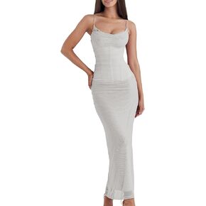 ISZPLUSH Women's Mesh Double Layer Dresses Lace Trim Maxi Elegant Party Bodycon Dress Slim Fit Long Cocktail Party Dresses