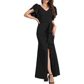 Formal Gowns and Evening Dresses Wedding Guest Dresses for Women Prom Dress Long V-Neck Ruffle Short Sleeve