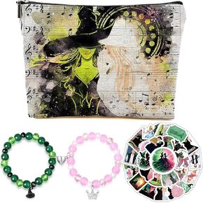 Witch Cosmetic Bag Elphaba And Glinda Fans Gift Set, Including Makeup Bag, 50pcs Stickers, and 2pcs Friendship Bracelets for Women