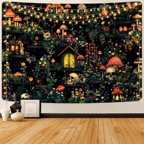 Invoibler Bookshelf Mushroom Tapestry Skull Tapestries Botanical Floral Plant Tapestry Aesthetic Skeleton Tapestry Vintage Flowers Tapestry Wall Hanging for Bedroom(51.2 x 59.1 inches)