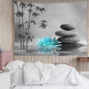 HVEST Zen Stone Wall Tapestry Teal Floral with Grey Bamboos Spiritual Yoga Tapestry Wall Hanging Spa Art Tapestry for Living Room Bedroom Dorm Spa Room Spiritual Room Decor, 40L x 60W Inches
