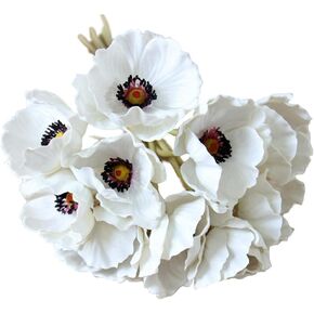 10 Stems Artificial Poppies Real Touch PU Fake Latex Flowers for Wedding Holiday Bridal Bouquet Home Party Decor (White)