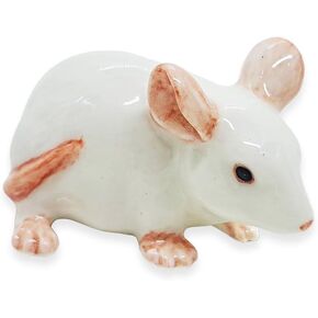 WitnyStore Tiny ⅝ Inch Long White Mouse Crouching Figurine - Miniature Hand Made Painted Ceramic Mice Rat Shrew Rodent Small Porcelain Animals Cute Decorative Collectible Figures Home Décor Gifts
