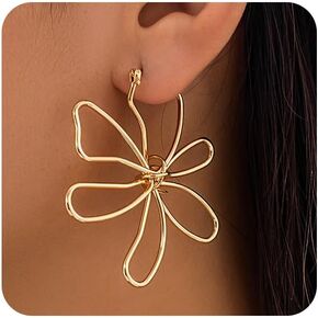 Large Gold Flower Earrings for Women Gold Pearl Flower Earrings Silver Openwork Large Flower Stud Earrings Delicate Line Flower Earrings for Women Jewelry in Kuwait