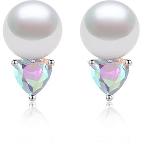 YAMI Pearl Earrings for Women, Heart Zircon with 925 Sterling Silver Stud Earrings, 8-8.5MM Freshwater Cultured Pearls Jewelry Gifts