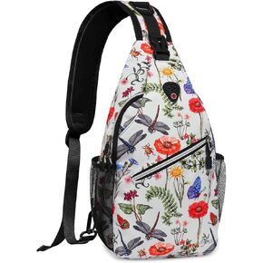 MOSISO Crossbody Sling Backpack, Portable Travel Hiking Daypack Chest Sling Bag Casual Daypack One Strap Chest Backpack for Women Men Outdoor Hiking Travel, Insects & Flowers