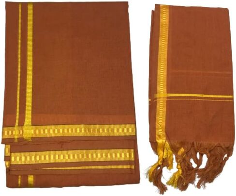 Kolakeer™ Men's Cotton Color Dhoti Angavastram Set - 1.9 Mtrs Dhoti with 1.2 Mtrs Angavastram - Kerala Pentex Mundu Set in Kuwait