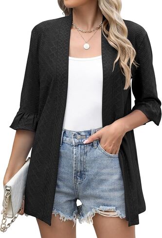IECCP Women's Cardigan 3/4 Sleeve Open Front Casual Cozy Ruffles Sleeve Thin Cardigans in Saudi Arabia