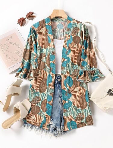 IECCP Women's Cardigan 3/4 Sleeve Open Front Casual Cozy Ruffles Sleeve Thin Cardigans in Saudi Arabia