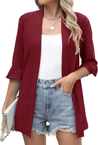 IECCP Women's Cardigan 3/4 Sleeve Open Front Casual Cozy Ruffles Sleeve Thin Cardigans in Saudi Arabia
