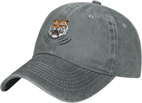 Tiger Head Distressed Adjustable Washed Denim Mens Dad Trucker Hat Baseball Ball Cap for Men in Kuwait