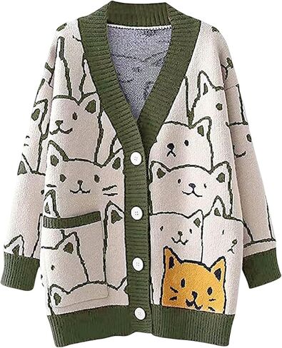 Wyeysyt Cat Sweater for Women Casual Button Down V Neck Cable Knit Cardigan Cute Kawaii Cartoon Cardigan Coat in Kuwait