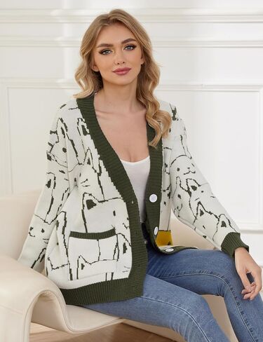 Wyeysyt Cat Sweater for Women Casual Button Down V Neck Cable Knit Cardigan Cute Kawaii Cartoon Cardigan Coat in Kuwait