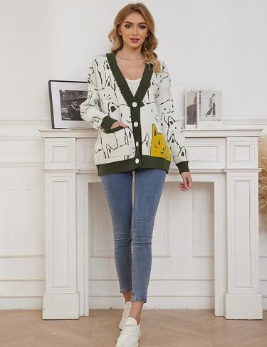 Wyeysyt Cat Sweater for Women Casual Button Down V Neck Cable Knit Cardigan Cute Kawaii Cartoon Cardigan Coat in Kuwait