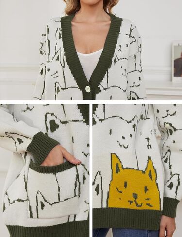 Wyeysyt Cat Sweater for Women Casual Button Down V Neck Cable Knit Cardigan Cute Kawaii Cartoon Cardigan Coat in Kuwait