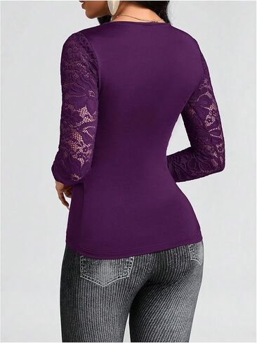 SweatyRocks Women's V Neck Cross Wrap Tops Lace Long Sleeve Ruched Slim Fit Tee Shirts in Saudi Arabia