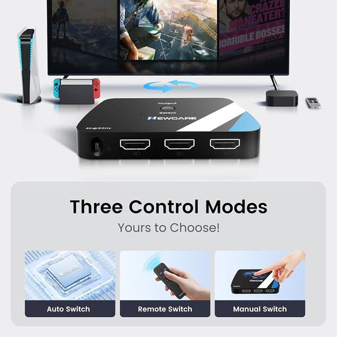 NEWCARE 8K @ 60 هرتز HDMI 2.1 محول 3 في 1 خارج، 4K @ 120 هرتز صندوق تبديل HDMI مع كابل HDMI 2.1 بطول 2.6 قدم، محدد محول HDMI 3 منافذ يدعم HDR Dolby Atmos 3D لـ NS PS4/PS5 Xbox Roku Fire Stick in Saudi Arabia