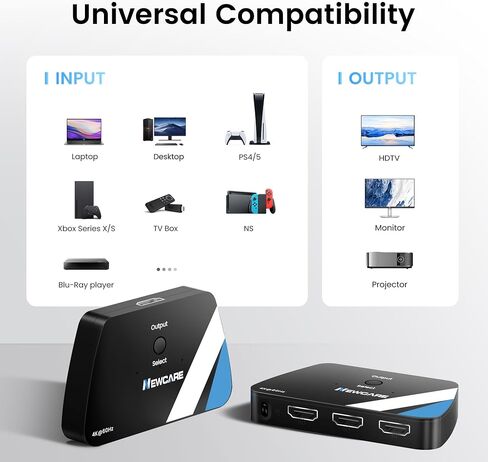 NEWCARE 8K @ 60 هرتز HDMI 2.1 محول 3 في 1 خارج، 4K @ 120 هرتز صندوق تبديل HDMI مع كابل HDMI 2.1 بطول 2.6 قدم، محدد محول HDMI 3 منافذ يدعم HDR Dolby Atmos 3D لـ NS PS4/PS5 Xbox Roku Fire Stick in Saudi Arabia
