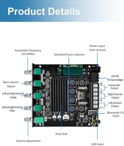 100W+100W Amplifier Board with Treble and Bass Control, 2.0 Channel Stereo Bluetooth 5.0 HiFi Audio Power Amplifier Board, TPA3116D2 DC 9-24V, BT and AUX Inputs for DIY Wireless Speakers (ZK-1002T) in Saudi Arabia