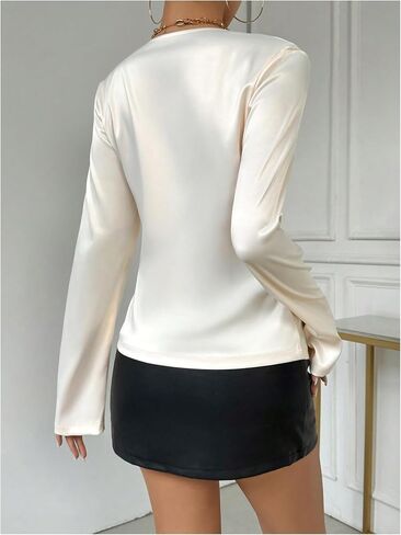 Floerns Women's Satin Flare Long Sleeve Bow Shirts Deep V Neck Cute Blouse Tops in Saudi Arabia