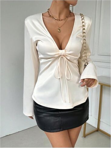 Floerns Women's Satin Flare Long Sleeve Bow Shirts Deep V Neck Cute Blouse Tops in Saudi Arabia