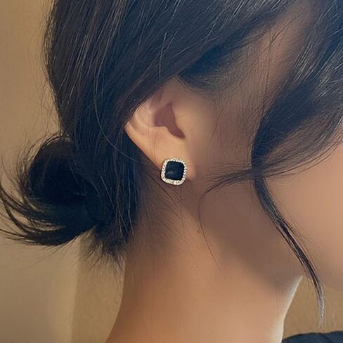 Minimalist Black Onyx Stud Earrings with CZ - Geometric Vintage Design, Oval Square Vintage Geometric Drop Earrings with Rhinestone for Women in Kuwait